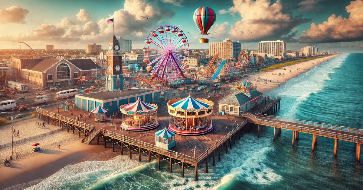 Atlantic City boardwalk with beach views and amusement rides.