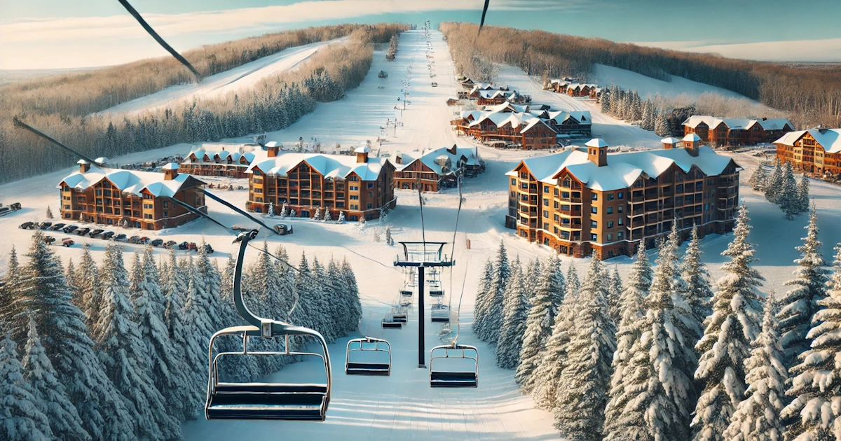 Boyne Mountain, Michigan vacation resort with snow-covered slopes and a ski lift.