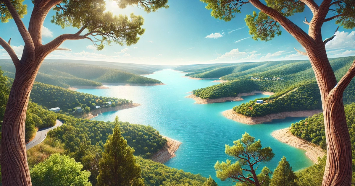 Scenic view of Canyon Lake, TX with clear blue water and greenery