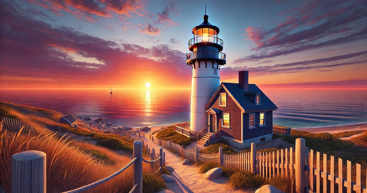 Cape Cod lighthouse with scenic ocean view at sunset