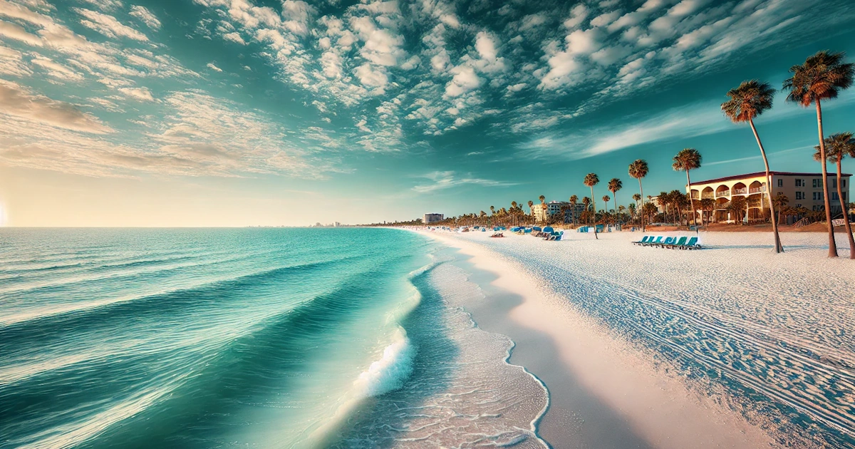 Scenic view of Clearwater Beach with white sands and turquoise waters