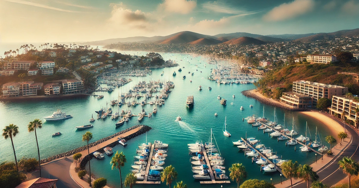 Scenic view of Dana Point Harbor with boats and coastal landscape.