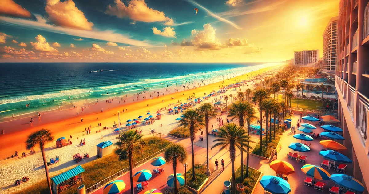 Scenic view of Daytona Beach with palm trees and blue waters.