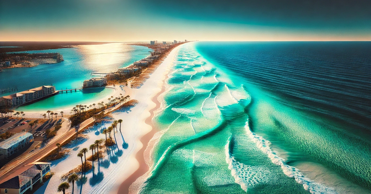 A scenic view of Destin, Florida's white sand beach and emerald waters.