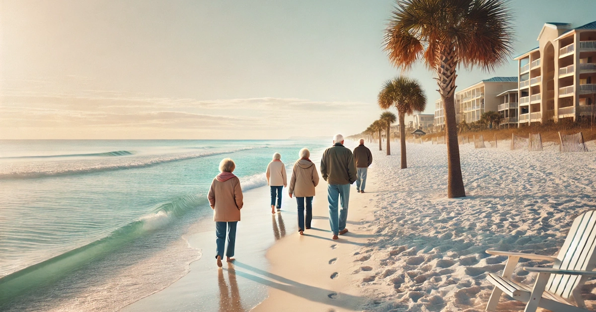 Retirees enjoying a sunset walk on a Destin, FL beach during winter.