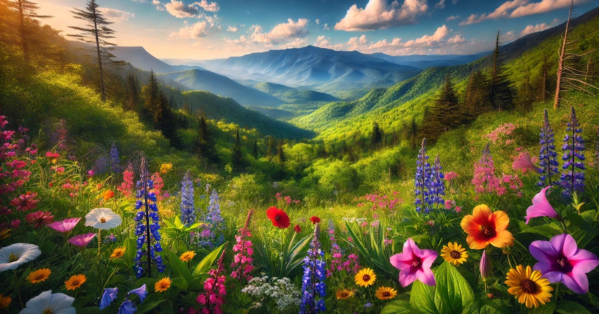 A scenic view of Gatlinburg’s mountains with blooming wildflowers.