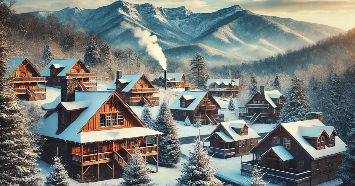 Snow-covered cabins in Gatlinburg, TN with the Smoky Mountains in the background.