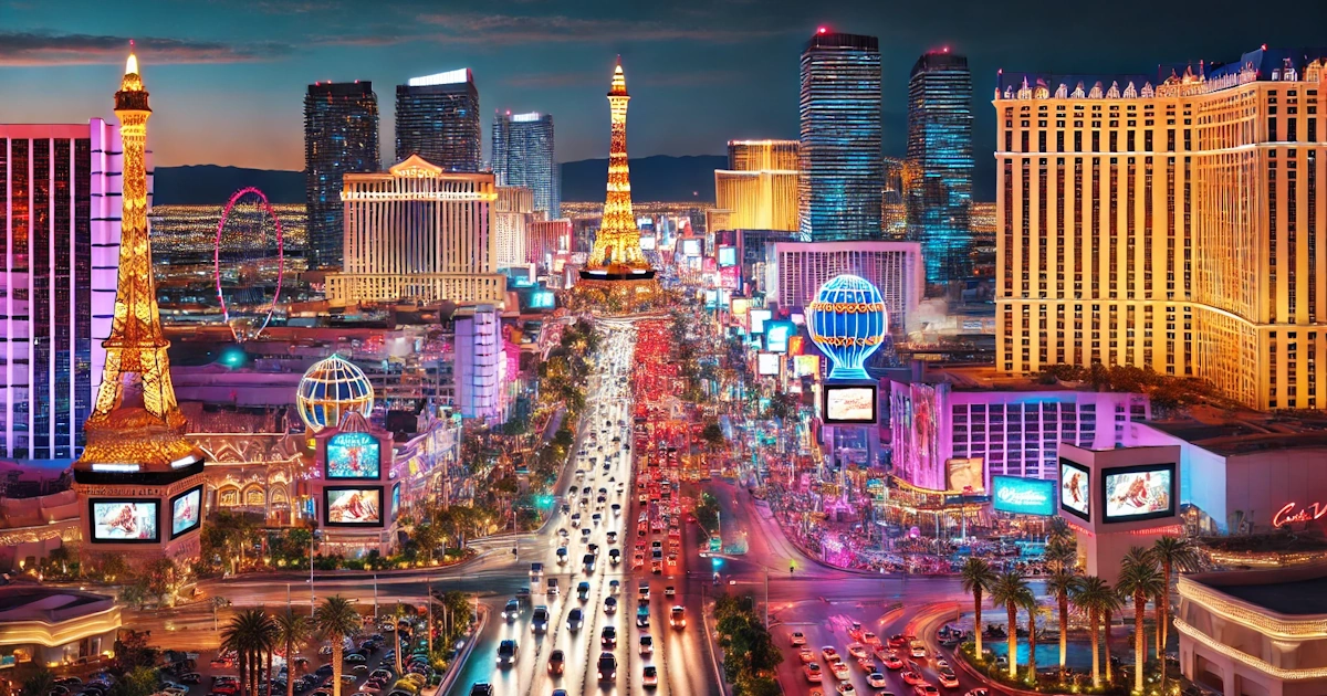 A stunning view of the Las Vegas Strip at night with colorful neon lights.