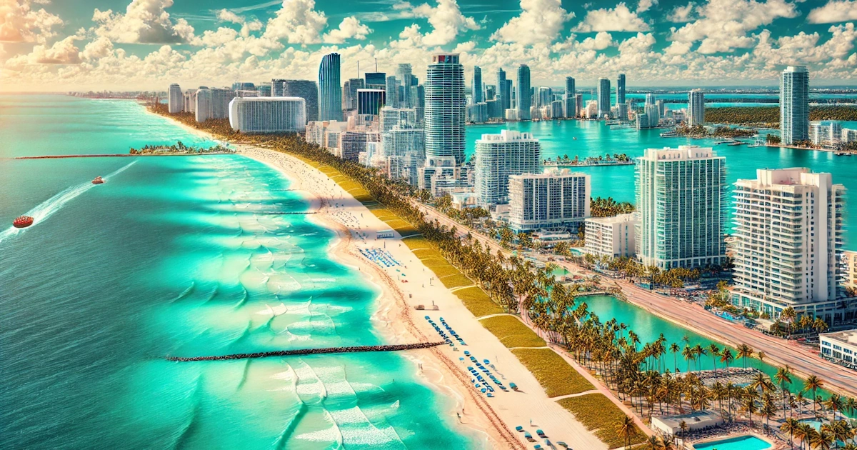 A stunning view of Miami Beach with turquoise waters and clear skies