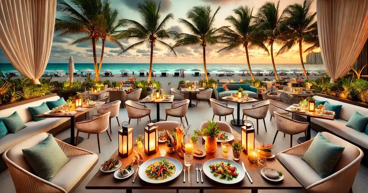 A scenic Miami beachfront dining experience with gourmet food and cocktails