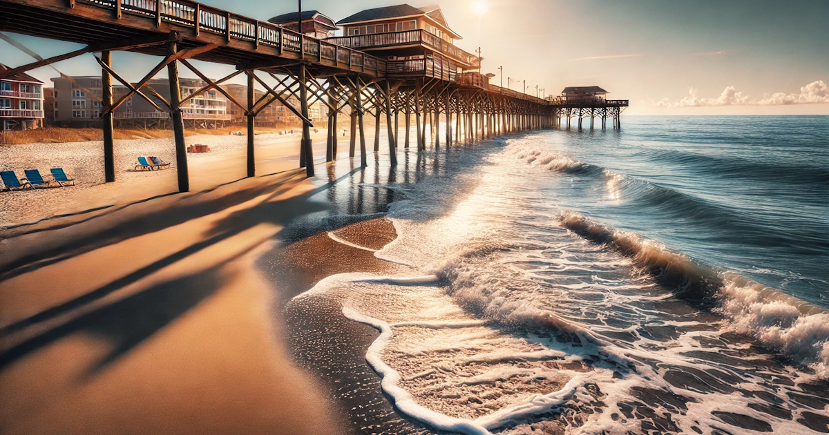 Myrtle Beach oceanfront with a pier and sandy shoreline