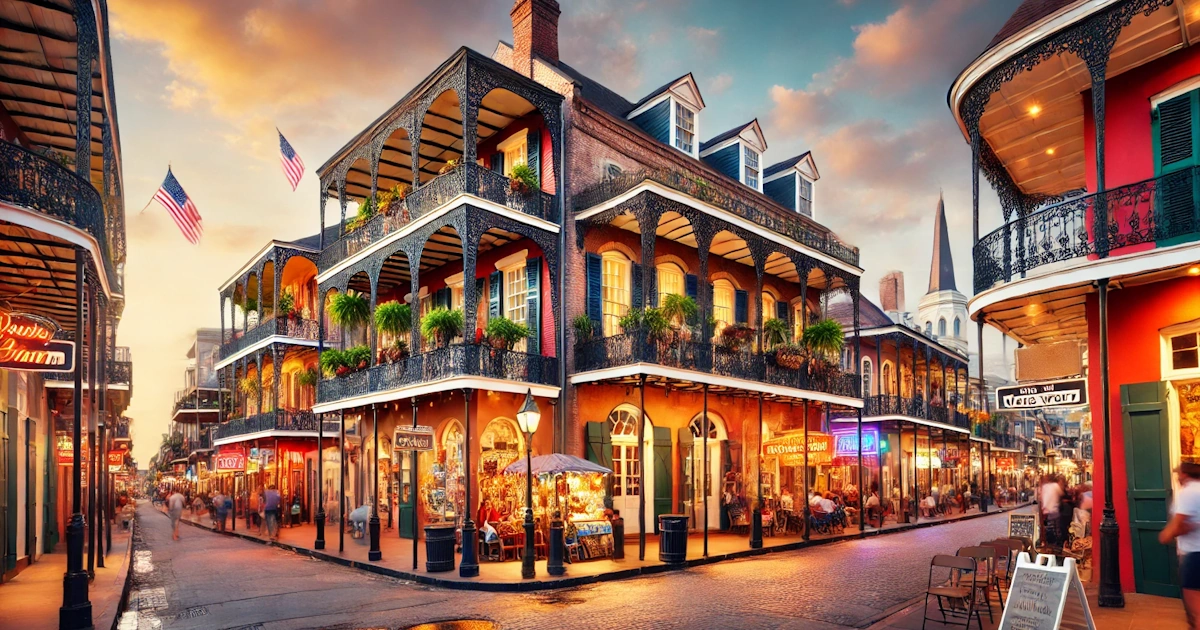 A scenic view of the French Quarter in New Orleans, showcasing historic buildings and vibrant culture.