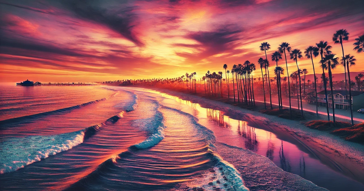 Sunset view of Oceanside Beach with waves and palm trees