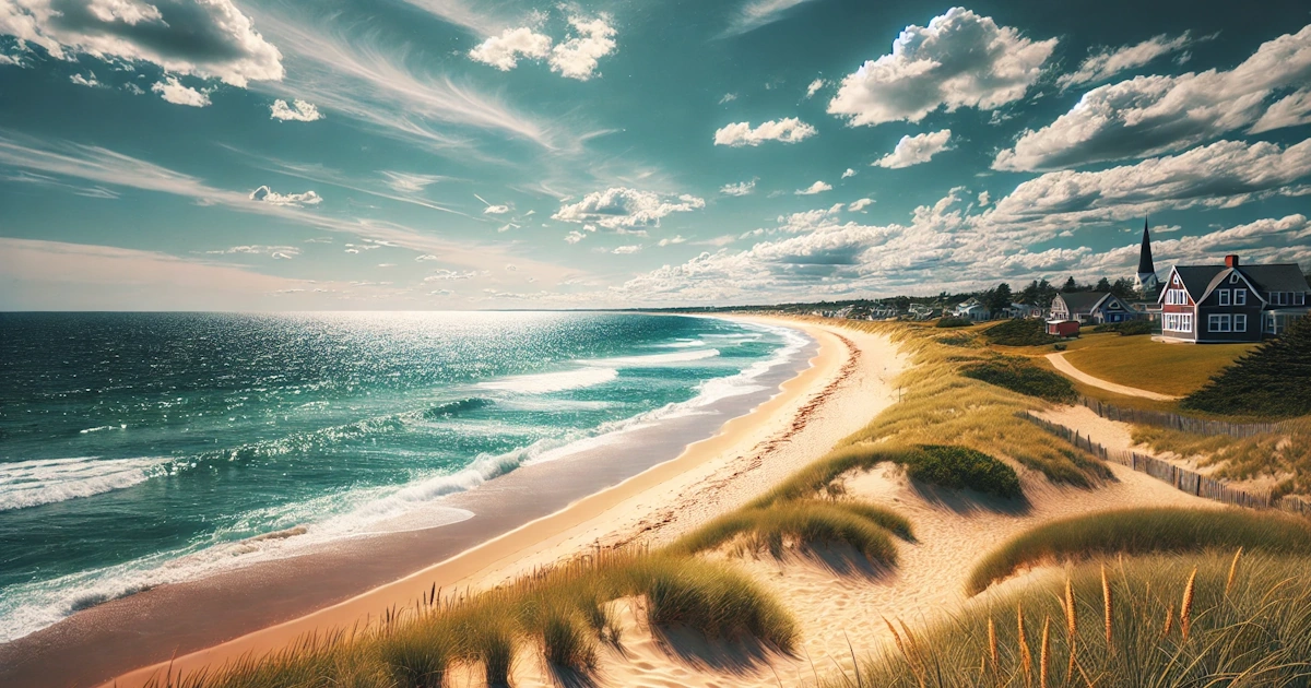 A scenic view of Ogunquit Beach with golden sand and blue waves.