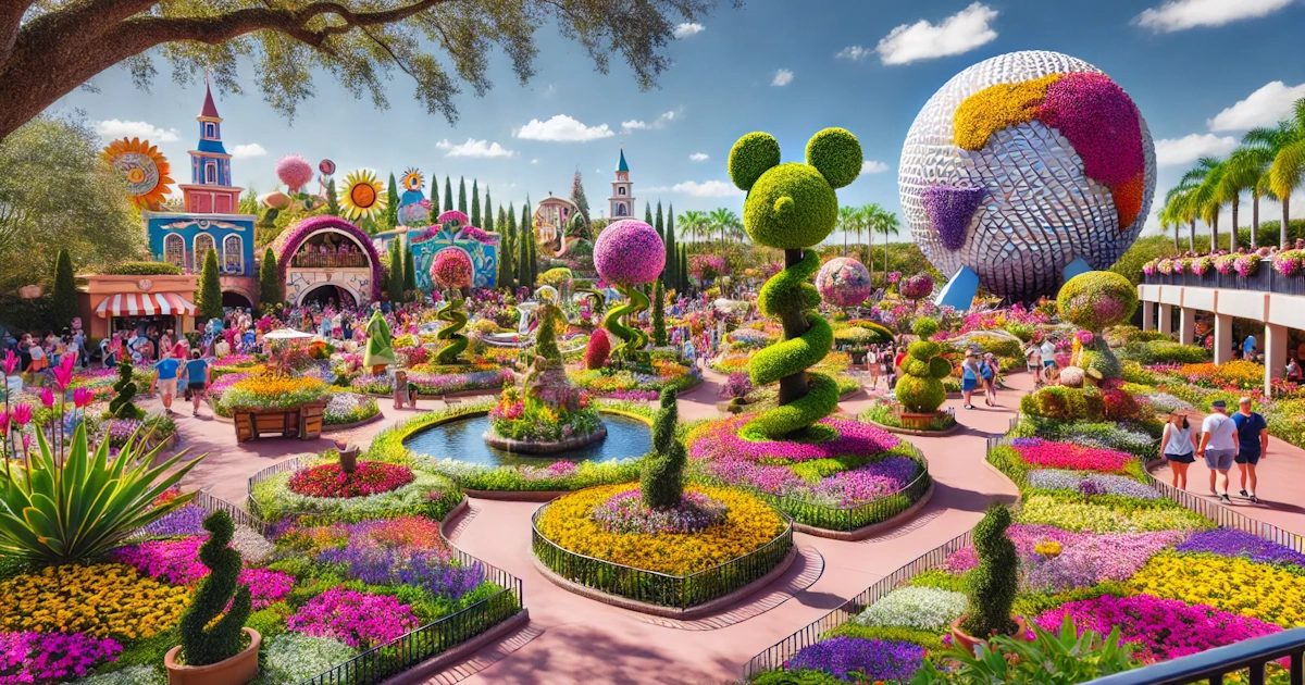 A vibrant garden scene at EPCOT's Flower & Garden Festival.