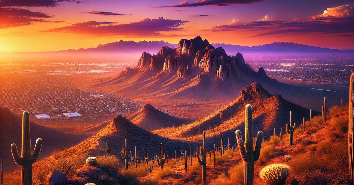 A scenic view of Camelback Mountain under a clear Phoenix sunset.