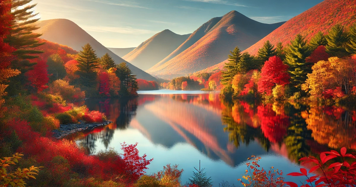 Scenic view of the Poconos mountains with a lake reflecting autumn colors.