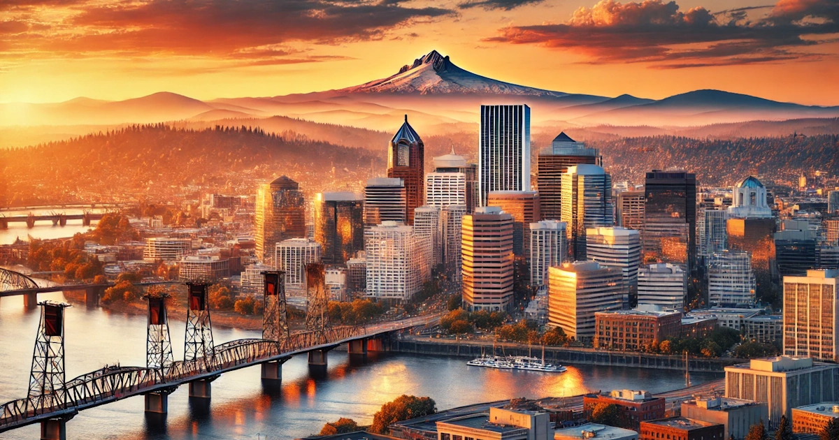 Portland Oregon cityscape with Mount Hood in the background