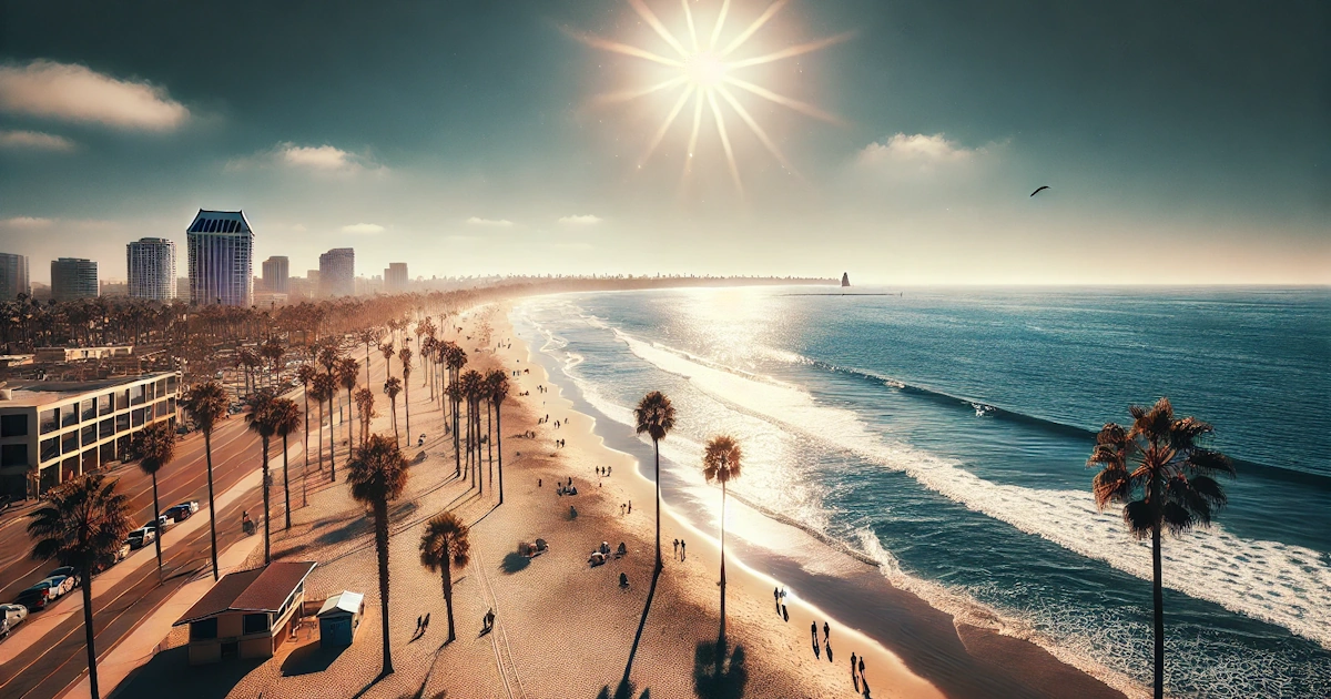 Sunshine over a beach in San Diego, California.