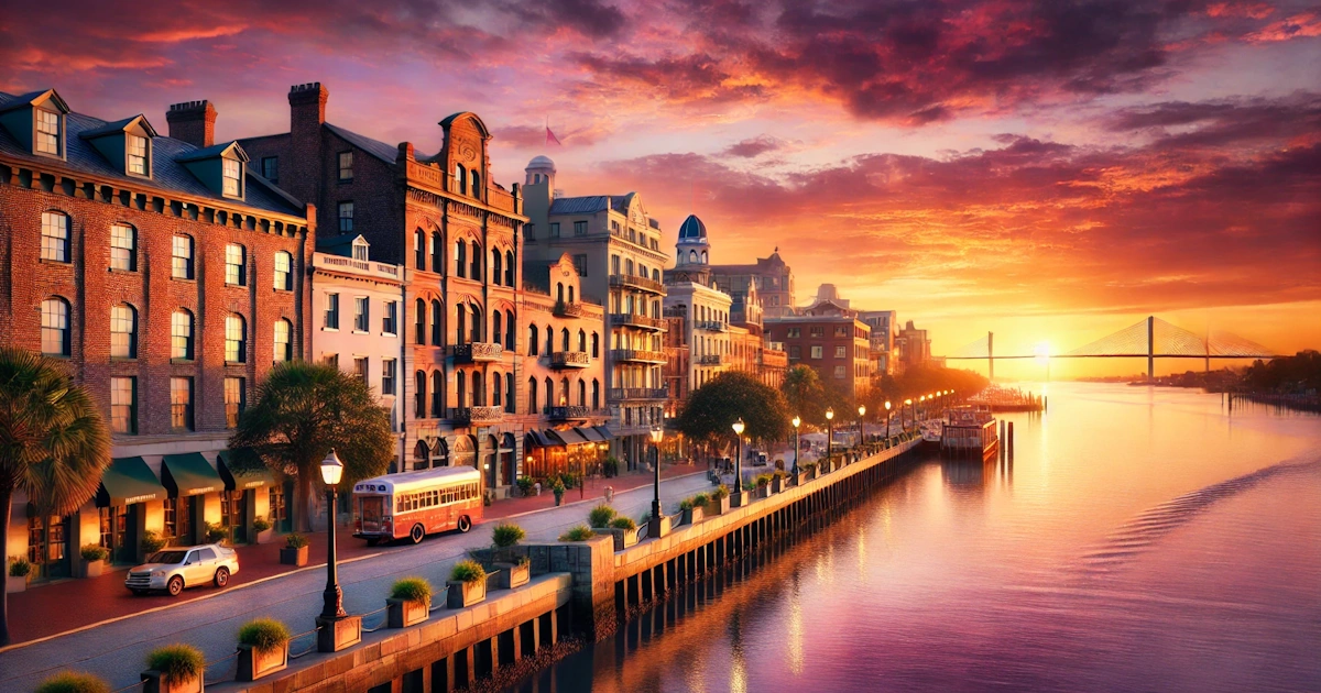 Scenic view of Savannah GA riverfront at sunset with historic buildings