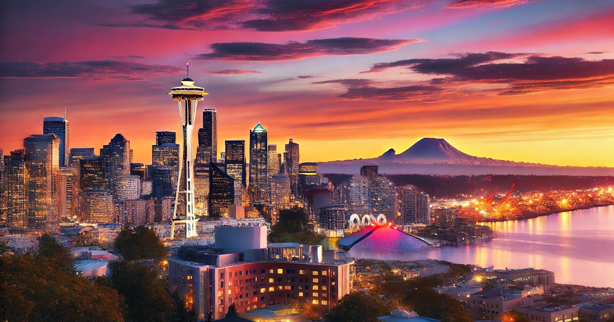 The Seattle skyline featuring the Space Needle at sunset.