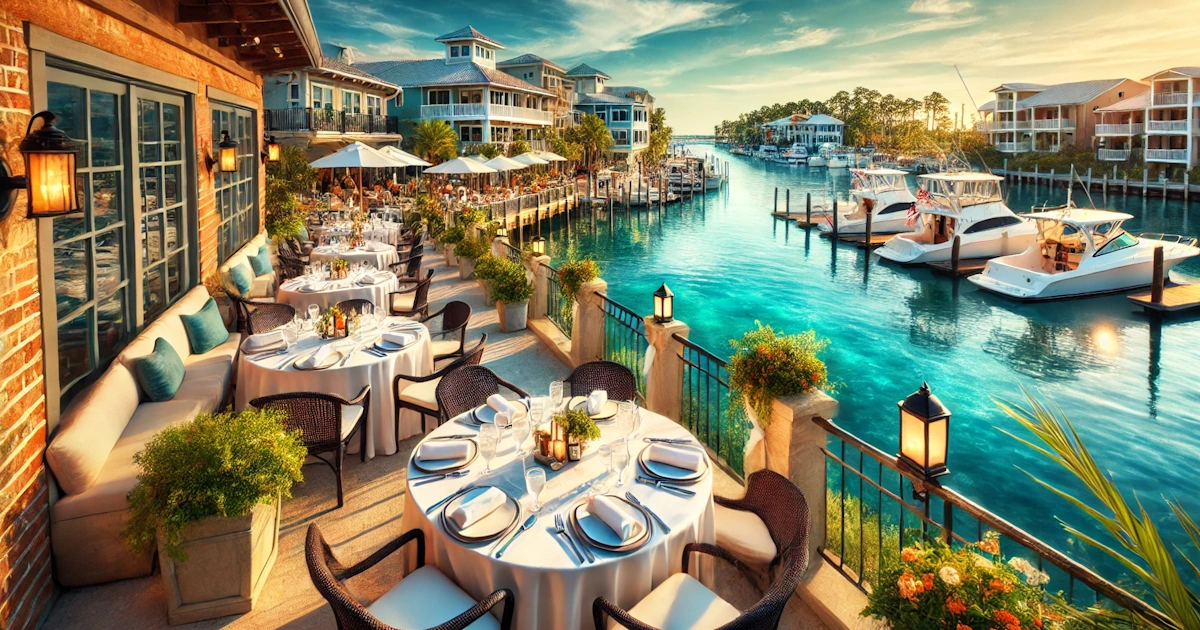 A scenic view of a waterfront restaurant in Destin, Florida, with tables set for outdoor dining.