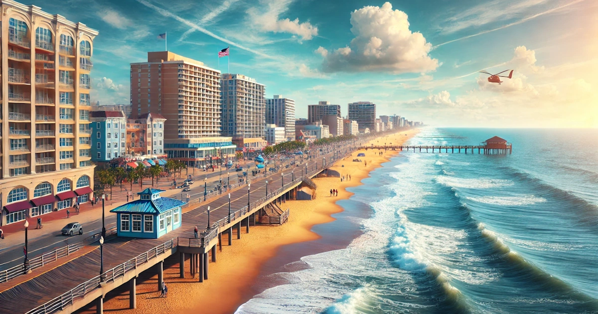 Scenic view of Virginia Beach with boardwalk and ocean waves