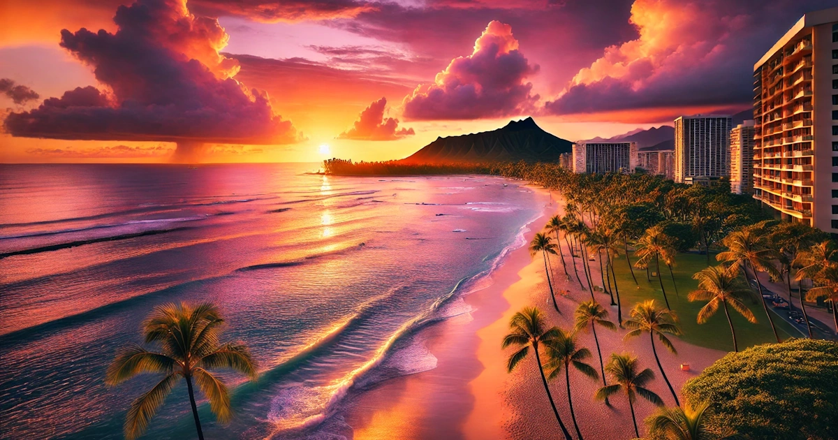 A stunning sunset view of Waikiki Beach with Diamond Head in the background.