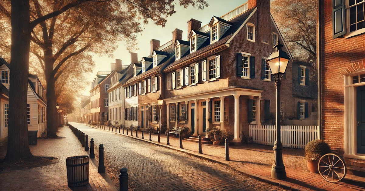 Historic Williamsburg street with colonial-style buildings.