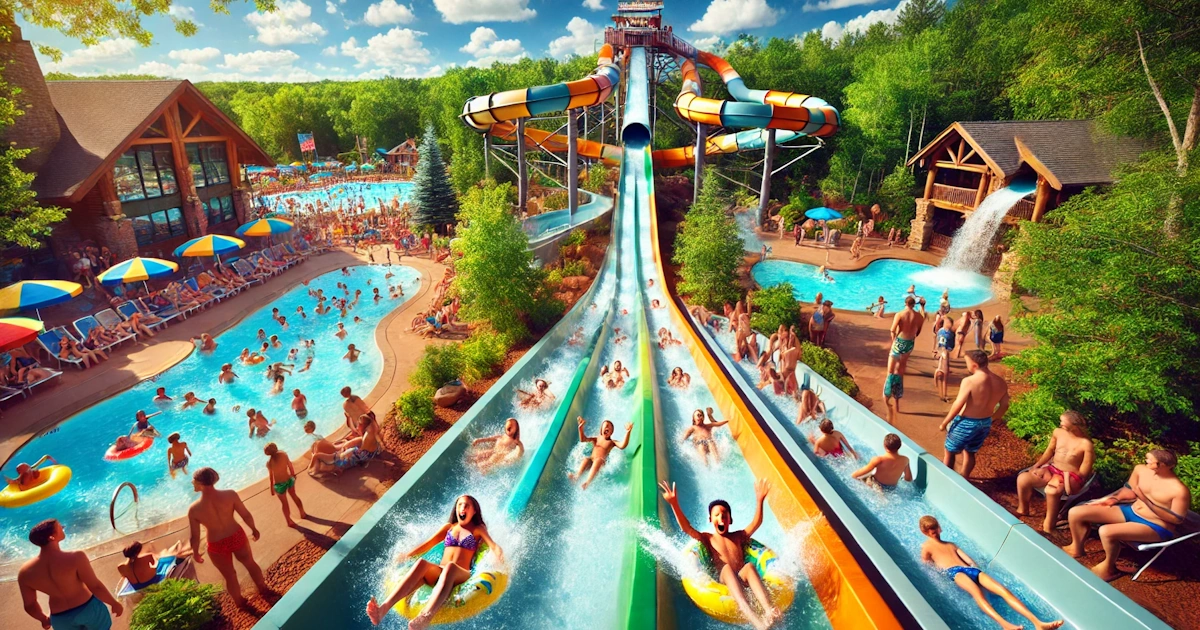 A thrilling water slide in Wisconsin Dells with families enjoying the summer fun.